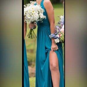 David’s Bridal oasis blue bridesmaid dress